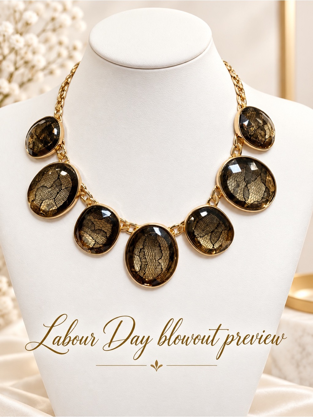 Gold Necklace with Smokey Amber Lace Cabochons